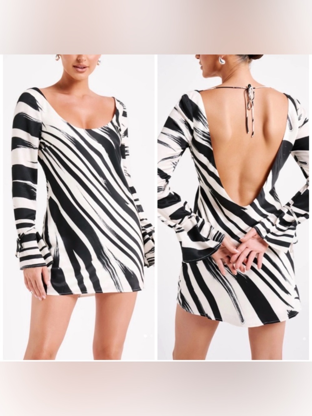 Meshki Black and White Zebra-Print Backless Mini Dress large NWT